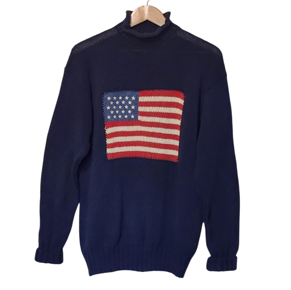 Ralph Lauren Country Vintage 80's Navy Knit Turtleneck Sweater USA Flag Medium